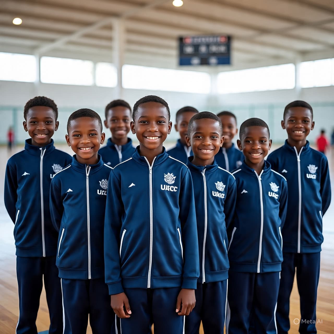 A diverse group of happy children holding hands and running in a sunny park.